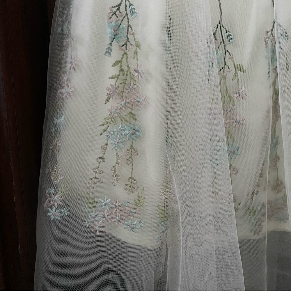 Floral Embroidered Mesh Layered Midi Skirt sz S Fairy Cottage Festival Whimsy - Picture 3 of 5
